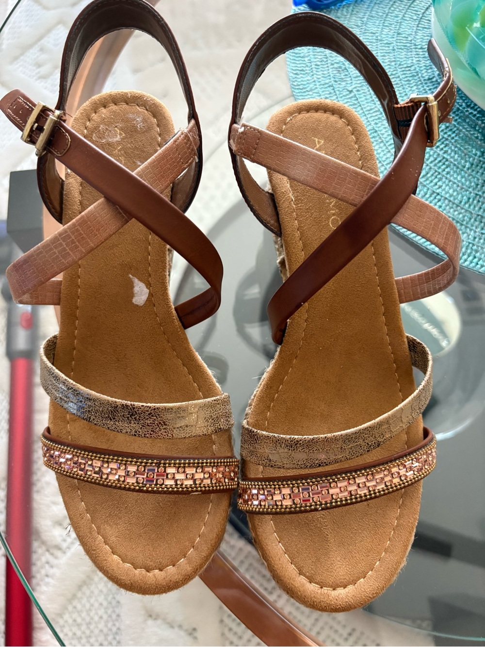 Abruce 7.5 Rhinestone Sandals Bronze Rose Gold Rope Cork 3” Wedge Heel